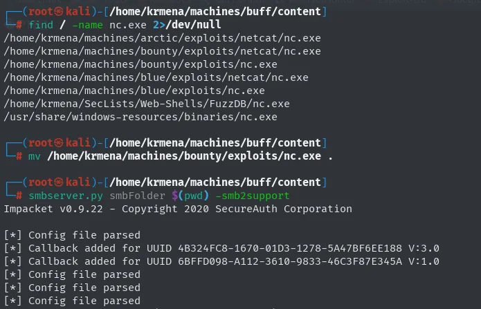 el find localiza varios nc.exe en Kali y en SecLists, se copia uno al directorio y smbserver.py publica la carpeta como smbFolder