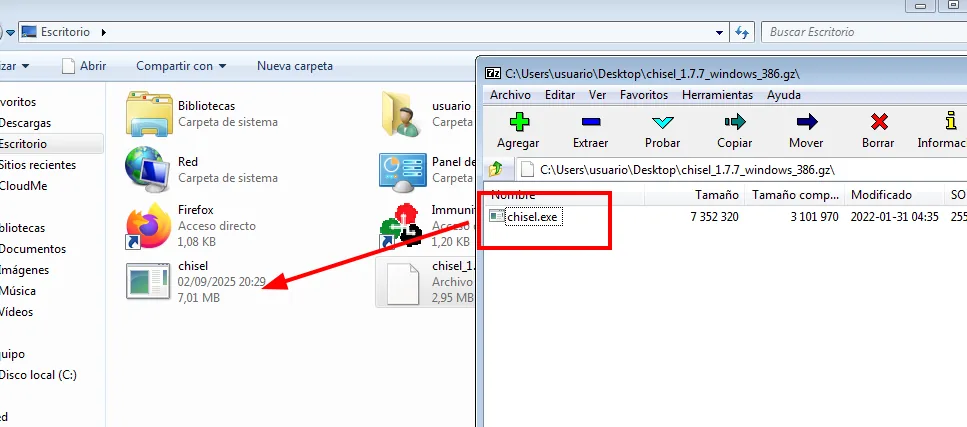 7-Zip abre chisel_1.7.7_windows_386.gz y extrae chisel.exe de 7.352.320 bytes al escritorio