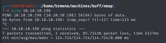 el ping a 10.10.10.198 responde con ttl=127, con 7 paquetes enviados y solo 1 recibido