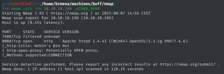 el escaneo de versiones da Apache 2.4.43 con PHP 7.4.6 en el 8080 y deja el otro puerto como filtered