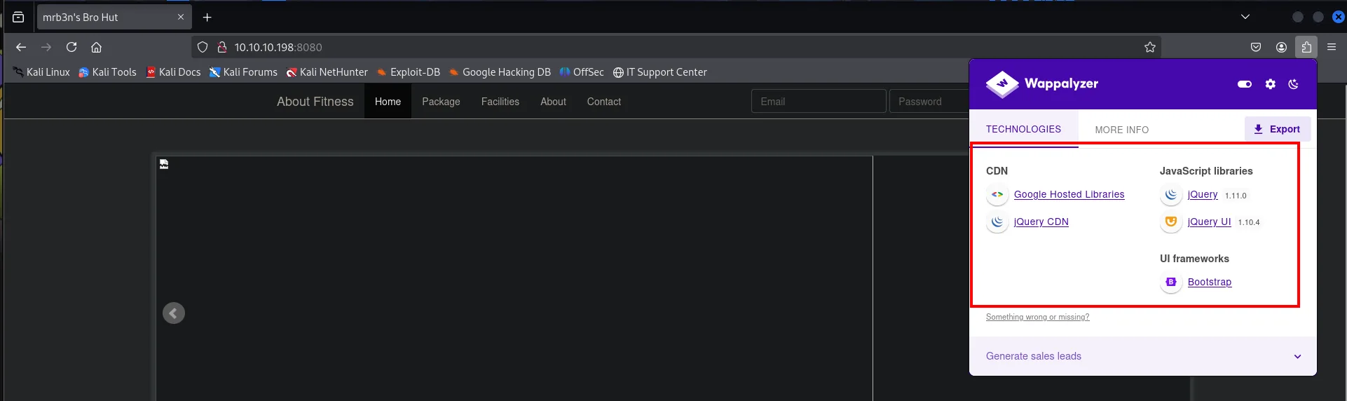 Wappalyzer sobre 10.10.10.198:8080 lista jQuery 1.11.0, jQuery UI 1.10.4, Bootstrap y las CDN de Google y jQuery