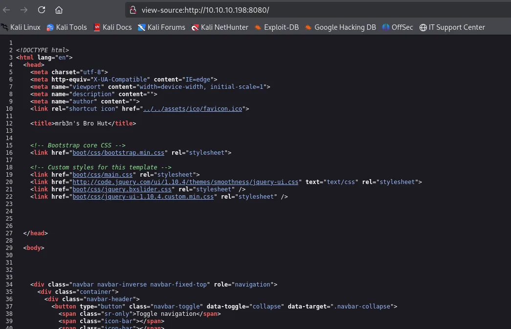 el view-source de la portada muestra la plantilla Bootstrap, los CSS de boot/css y el title mrb3n's Bro Hut, sin comentarios ni rutas de interés