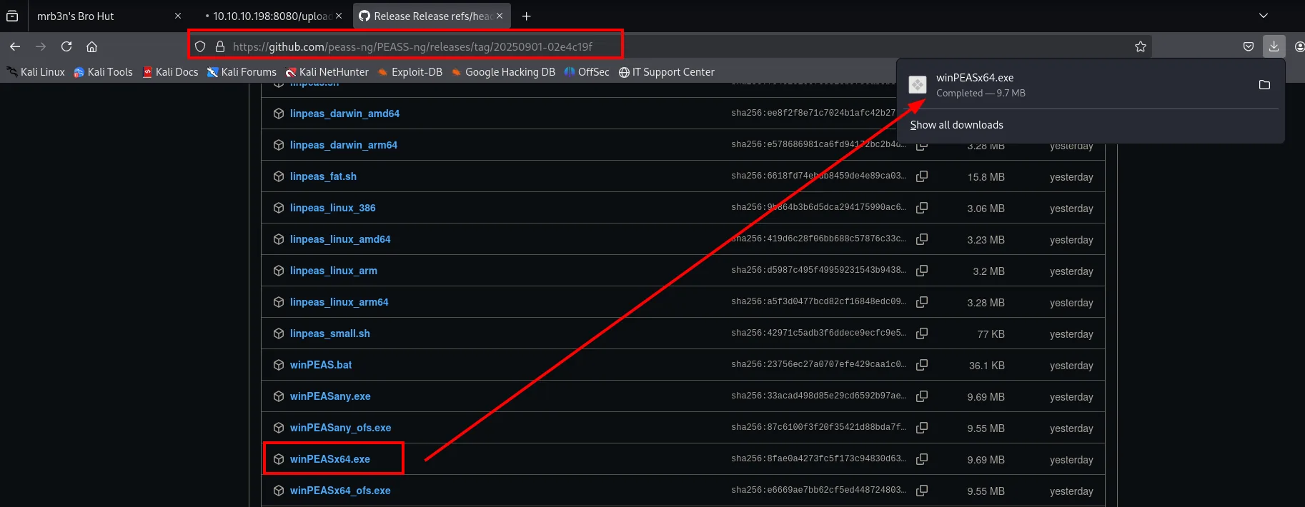 la página de releases de PEASS-ng con winPEASx64.exe resaltado en la lista y completado en el panel de descargas