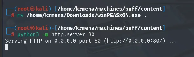 el mv del winPEASx64.exe al directorio de trabajo y el http.server sirviendo en el puerto 80