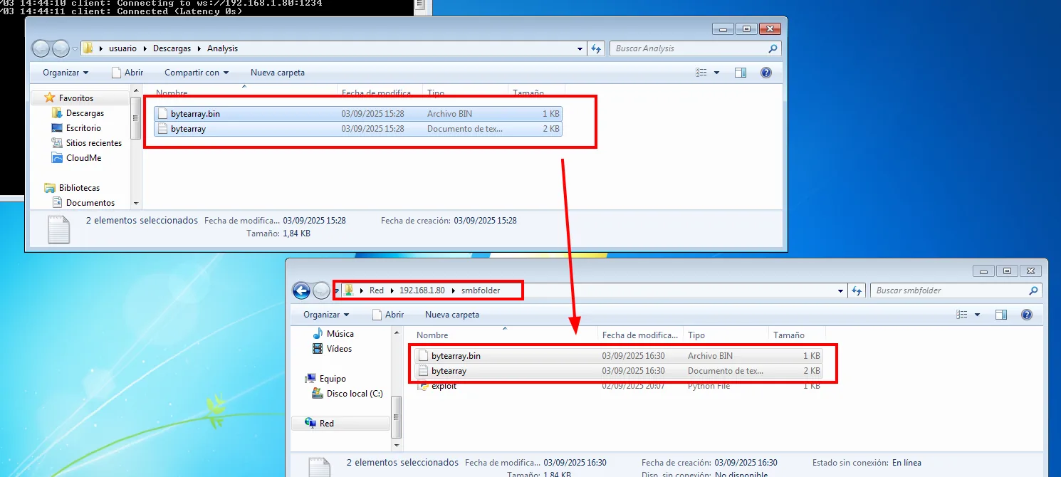 el explorador del Windows 7 copia bytearray.bin y bytearray.txt desde Descargas\Analysis al recurso de red \\192.168.1.80\smbfolder