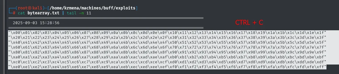 las once últimas líneas de bytearray.txt con los 256 bytes en formato \x00\x01\x02 listos para copiar