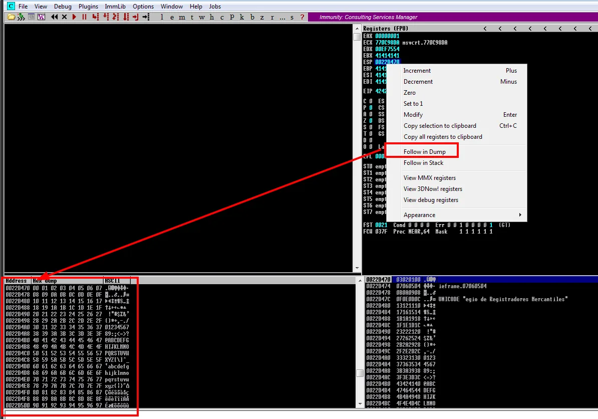 el menú contextual del registro ESP con Follow in Dump seleccionado, y el volcado inferior mostrando la secuencia 00 01 02 03 04 05 06 07 a partir de 0022D470