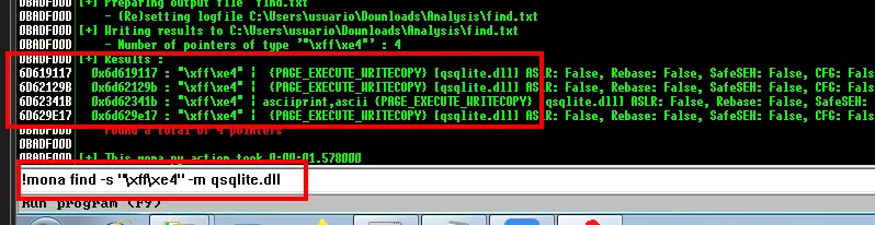 mona encuentra cuatro punteros de tipo \xff\xe4 en qsqlite.dll, todos con PAGE_EXECUTE_WRITECOPY y ASLR, Rebase y SafeSEH en False