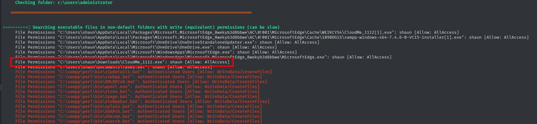 winPEAS marca C:\Users\shaun\Downloads\CloudMe_1112.exe con permisos shaun Allow AllAccess entre los ejecutables en carpetas no estándar