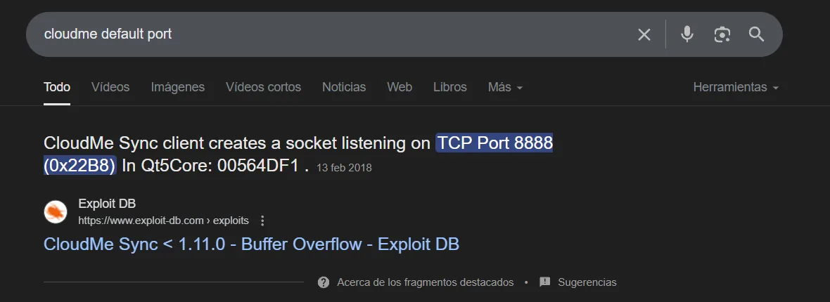 resultado de buscar "cloudme default port": el cliente CloudMe Sync abre un socket en el puerto TCP 8888, con un enlace a un Buffer Overflow en Exploit DB