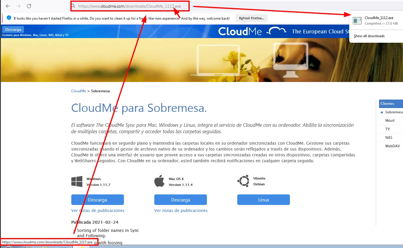 la web de CloudMe ofrece la versión 1.11.7, pero forzando la URL /downloads/CloudMe_1112.exe se descarga el instalador de la 1.11.2