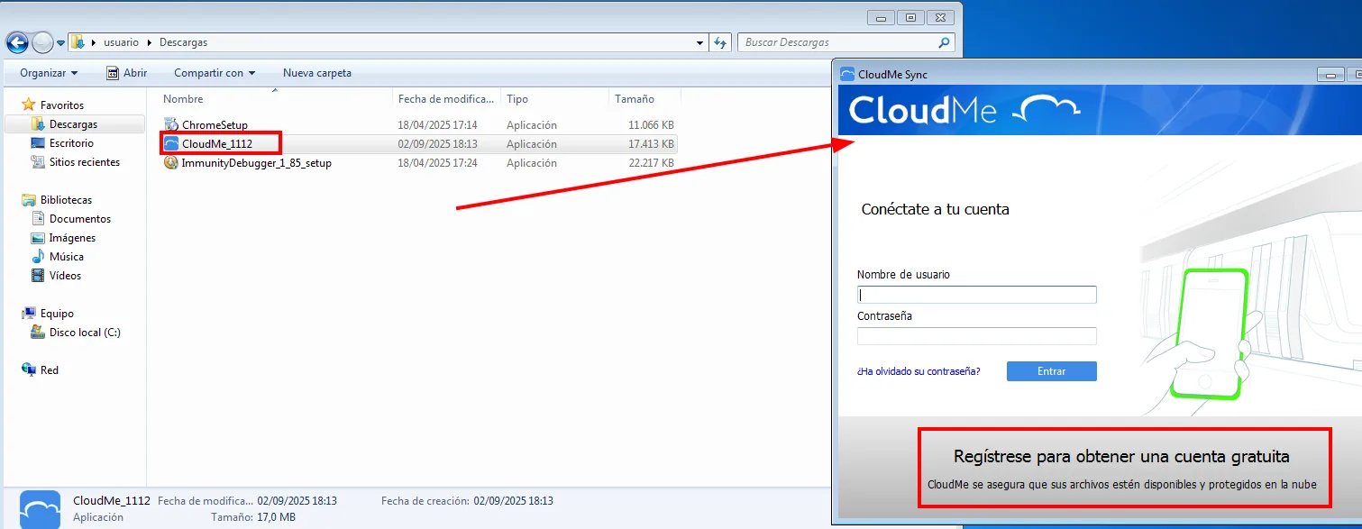 el instalador CloudMe_1112 en la carpeta de Descargas junto a ImmunityDebugger_1_85_setup, y la ventana de CloudMe Sync pidiendo usuario y contraseña con el aviso de registrarse para obtener una cuenta gratuita