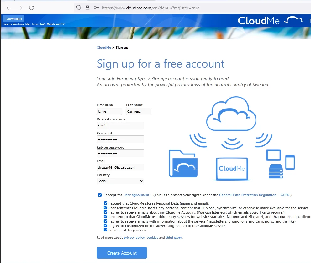 el formulario de alta de CloudMe relleno con un correo temporal de temp-mail y el país España, antes de pulsar Create Account