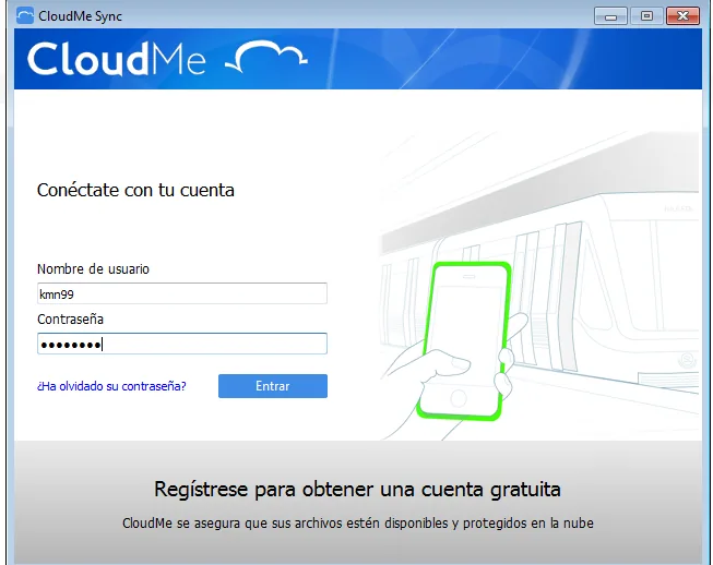 la ventana de CloudMe Sync con el usuario kmn99 y la contraseña rellenos, antes de pulsar Entrar