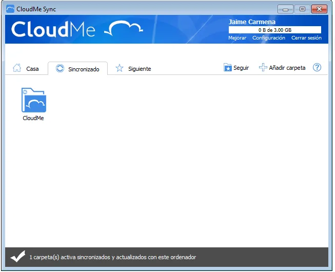 CloudMe Sync ya autenticado, con la pestaña Sincronizado y el aviso de 1 carpeta activa sincronizada