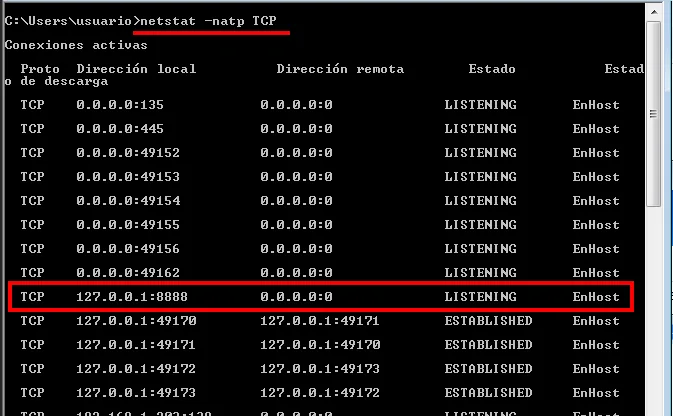 netstat en el Windows 7 de laboratorio muestra 127.0.0.1:8888 en LISTENING