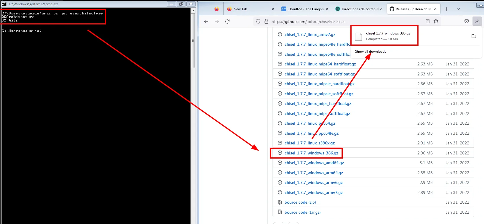 el wmic devuelve 32 bits y en el navegador se descarga chisel_1.7.7_windows_386.gz de la página de releases