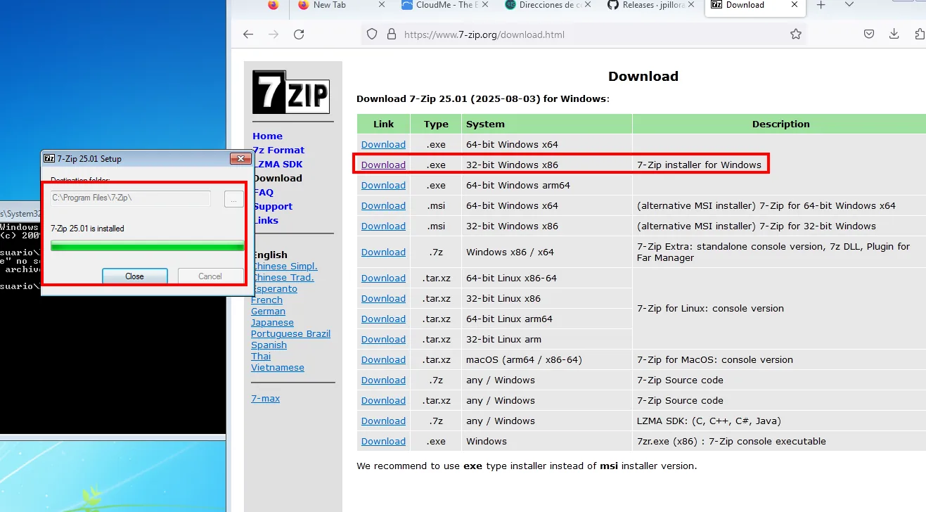 la página de descargas de 7-Zip con el instalador de 32 bits resaltado y el asistente confirmando 7-Zip 25.01 is installed