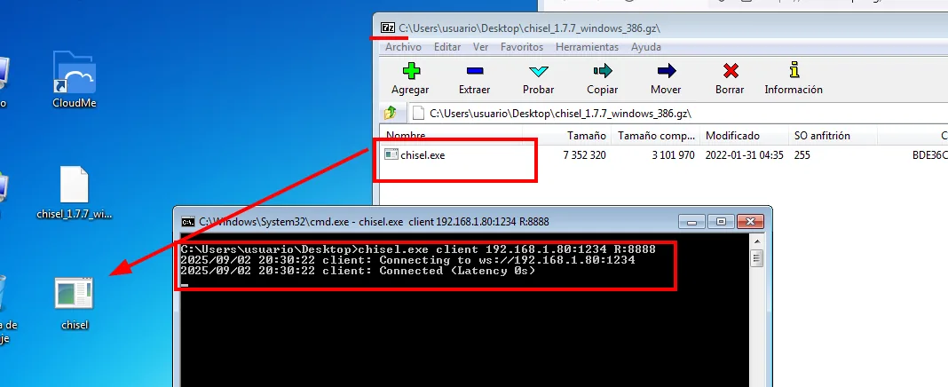 el cliente de chisel en el Windows 7 conecta con ws://192.168.1.80:1234 y reporta Connected con latencia 0s