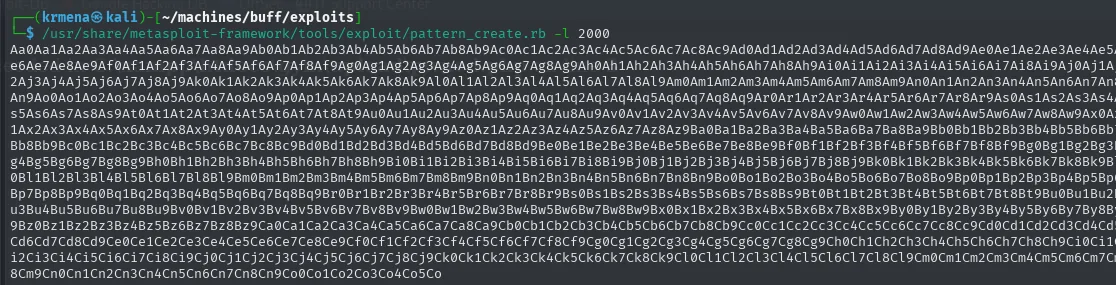 pattern_create.rb genera el patrón cíclico de 2000 caracteres Aa0Aa1Aa2Aa3...
