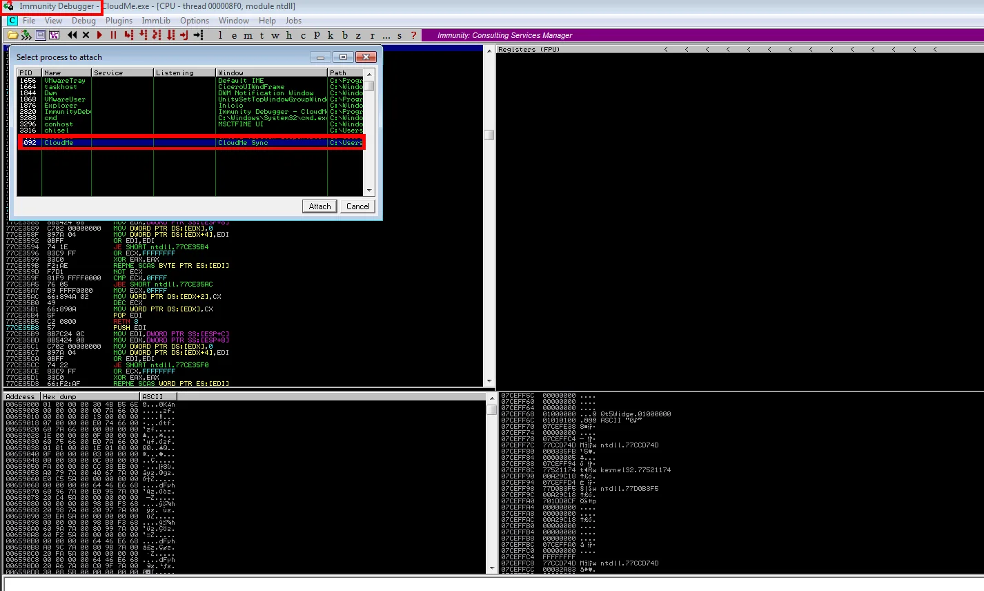 el diálogo Select process to attach de Immunity Debugger con el proceso CloudMe seleccionado