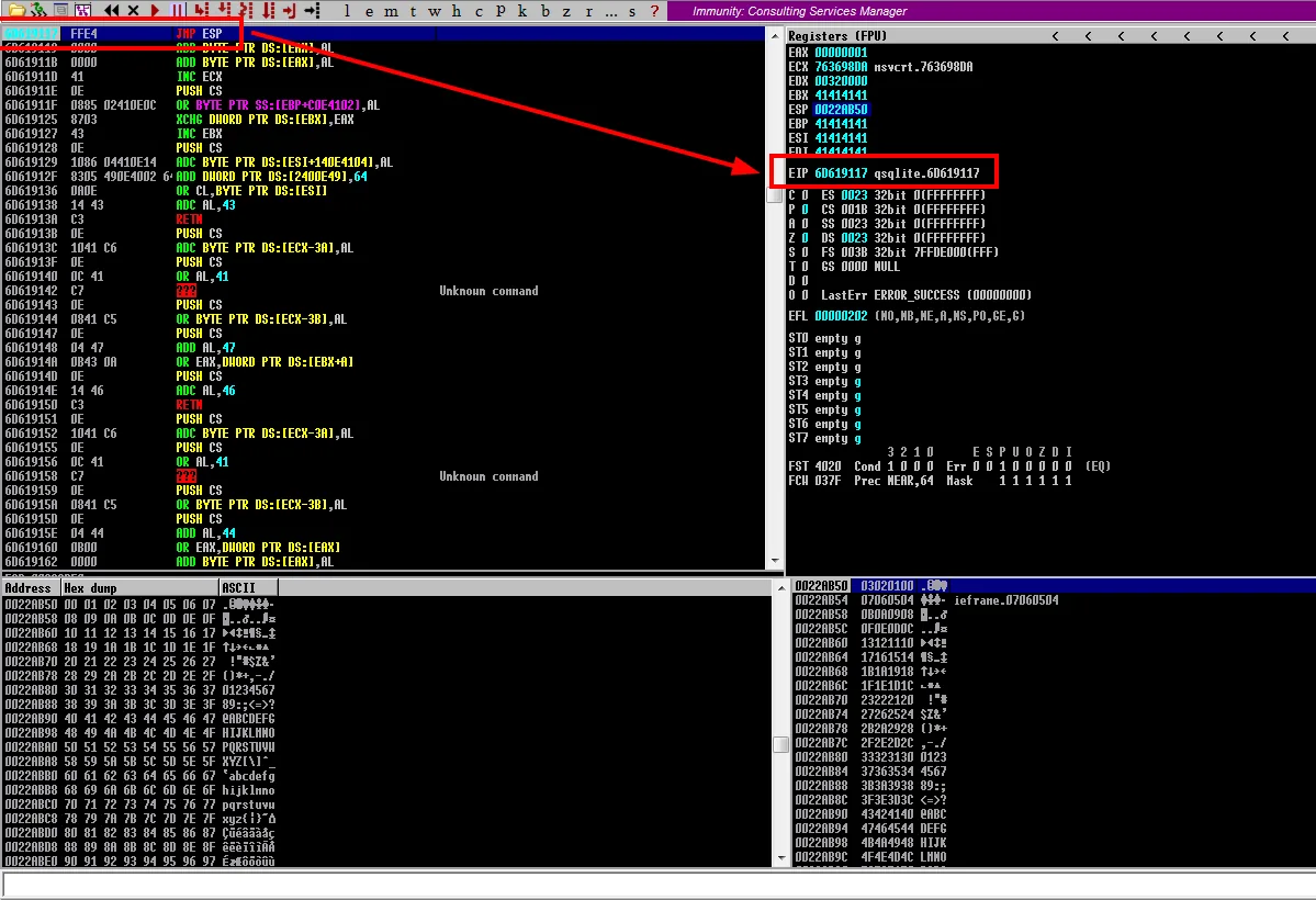 tras el envío, el EIP de Immunity muestra 6D619117 qsqlite.6D619117 y la ejecución se ha detenido en el JMP ESP