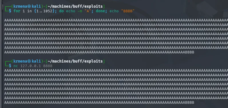 el bucle genera 1052 A seguidas de BBBB y esa cadena se envía por netcat al 8888