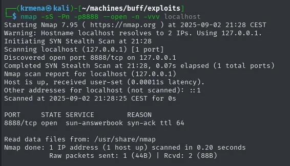 el mismo escaneo contra localhost sí descubre el 8888 abierto, con ttl 64