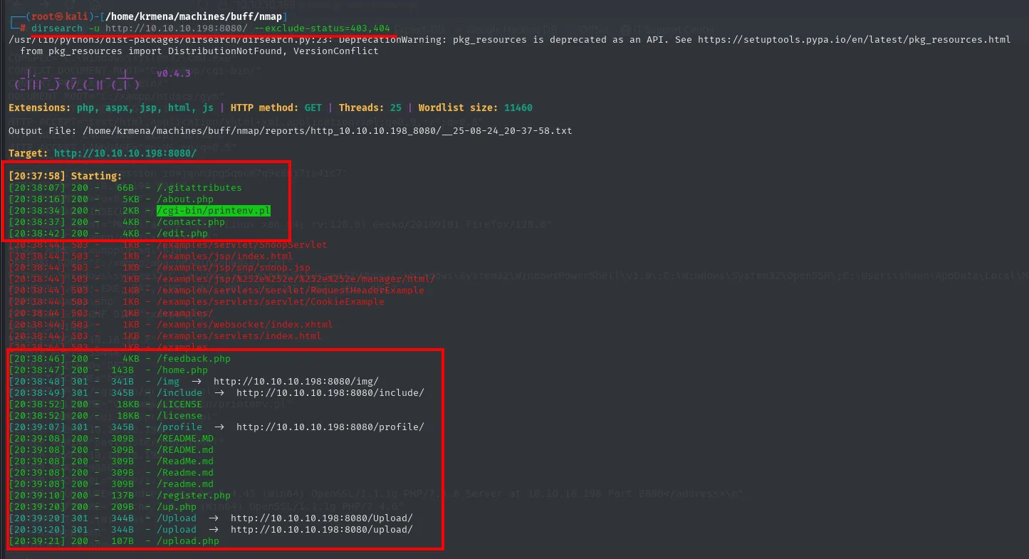 dirsearch lista about.php, contact.php, edit.php, register.php, upload.php y los directorios Upload y profile