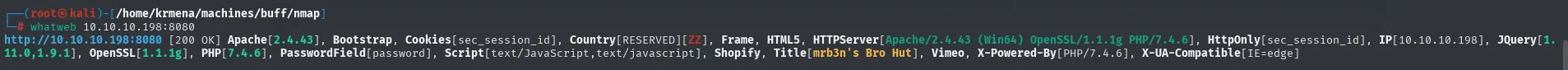whatweb identifica Apache 2.4.43 sobre Win64 con PHP 7.4.6 y el título mrb3n's Bro Hut
