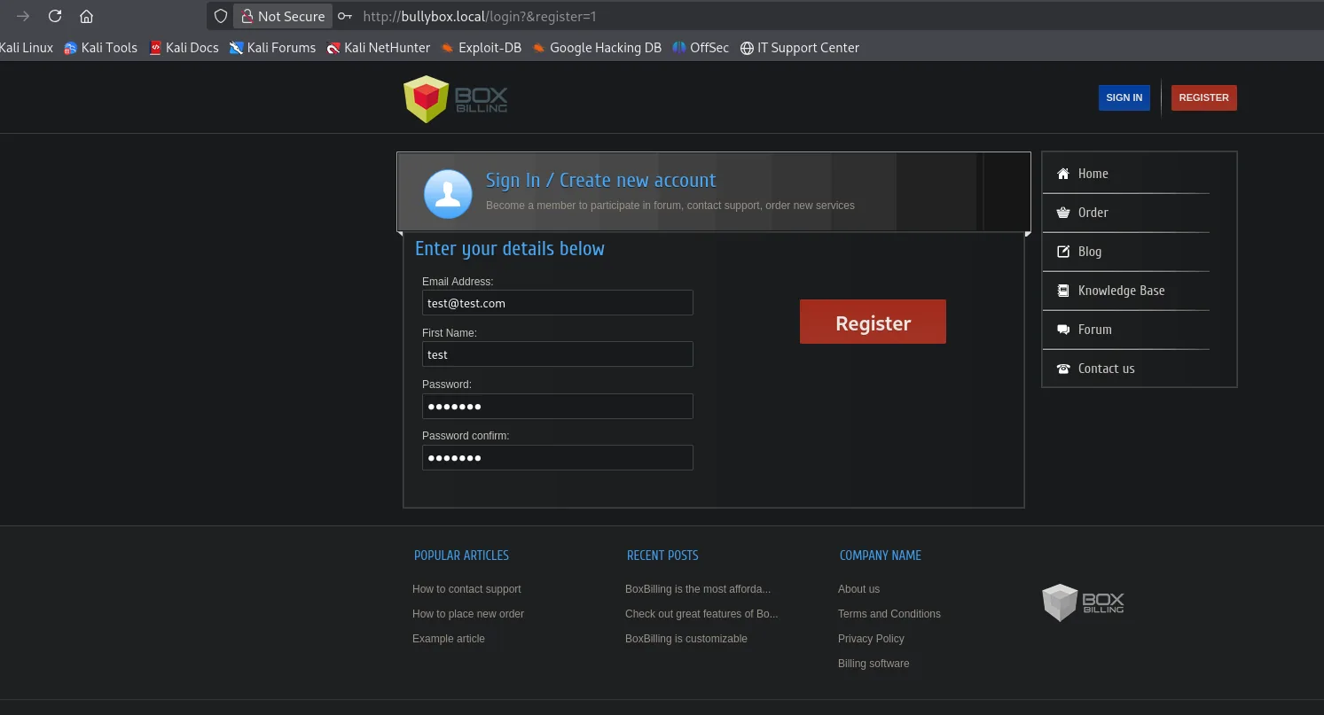 Página de BoxBilling en bullybox.local con el formulario Sign In / Create new account