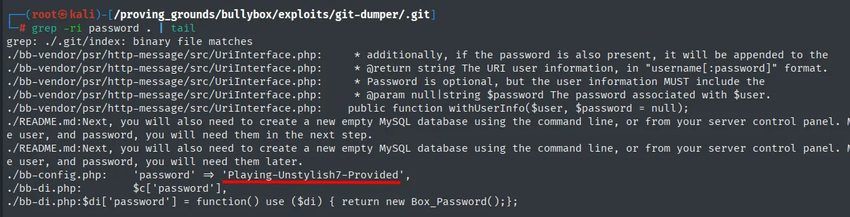 grep -ri password muestra en ./bb-config.php la línea 'password' => 'Playing-Unstylish7-Provided'