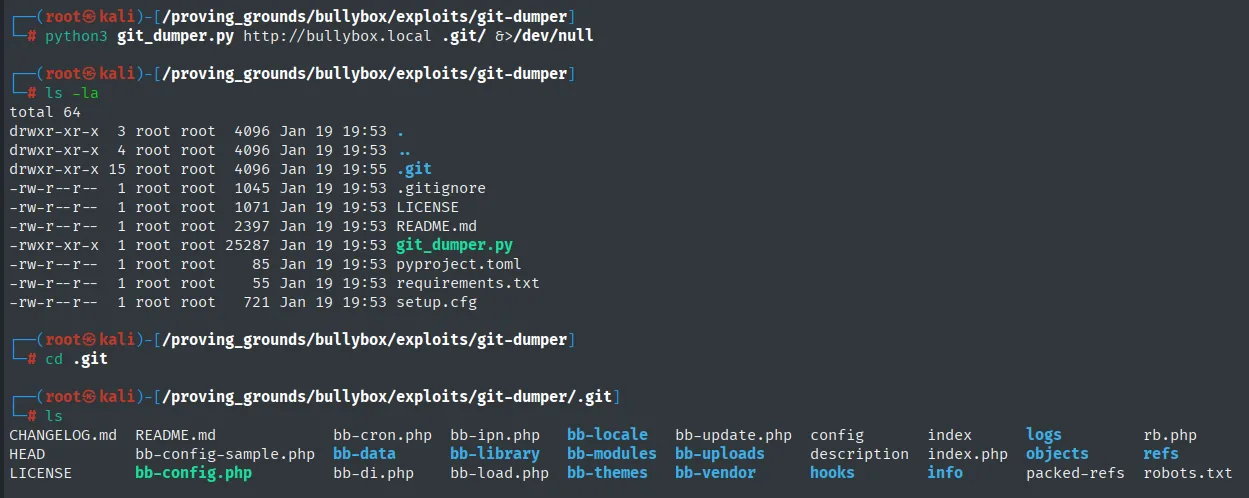 git-dumper reconstruye el repositorio: aparecen bb-config.php, bb-config-sample.php, bb-library, bb-vendor y el resto del código de BoxBilling