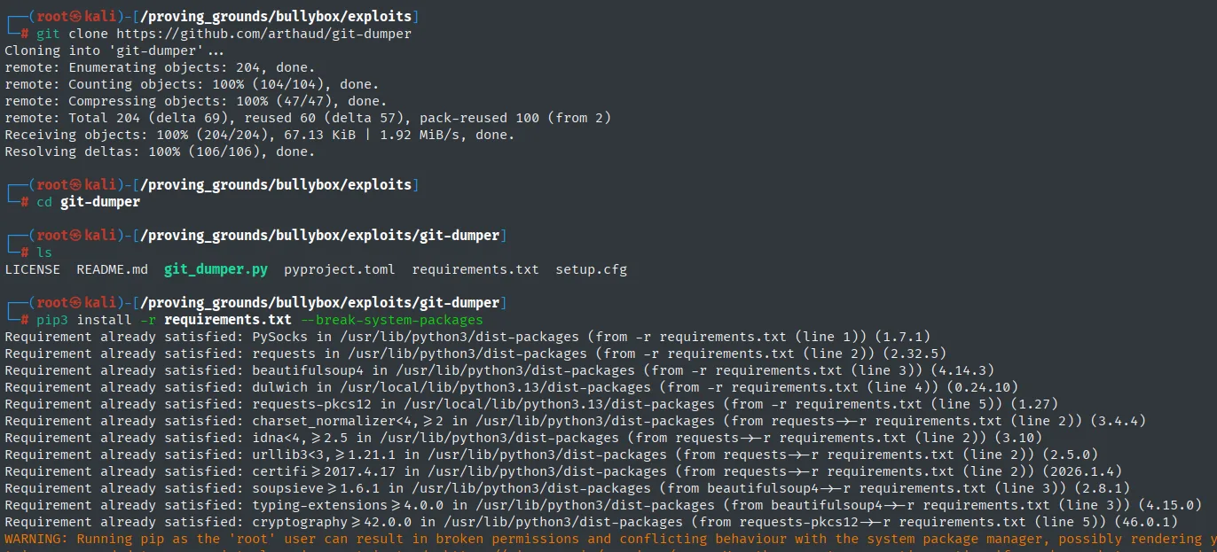 git clone de git-dumper: el repo trae git_dumper.py y requirements.txt, y pip3 confirma que las dependencias ya están satisfechas