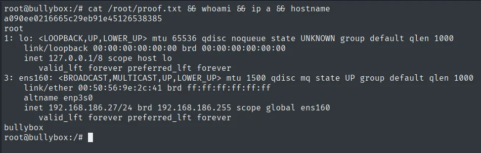 proof.txt leída como root en bullybox (192.168.186.27)